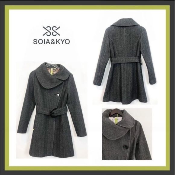 Anthropologie Soia & Kyo Herringbone Wool Blend Belted Coat Size XL